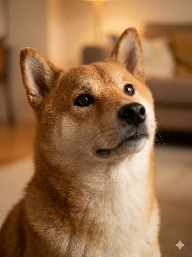 Close-up portrait of Momiji, a Shiba Inu, looking curiously at the camera