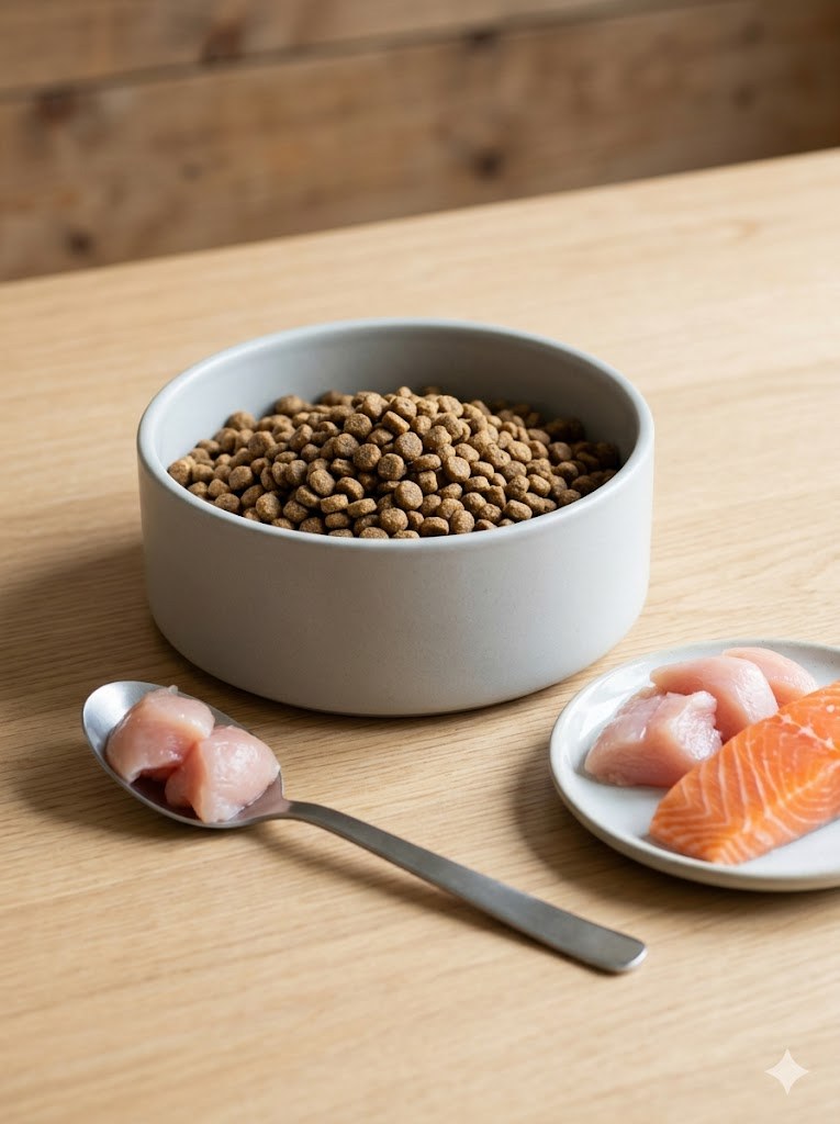 GRANDS premium dog food in a ceramic bowl with fresh chicken and salmon