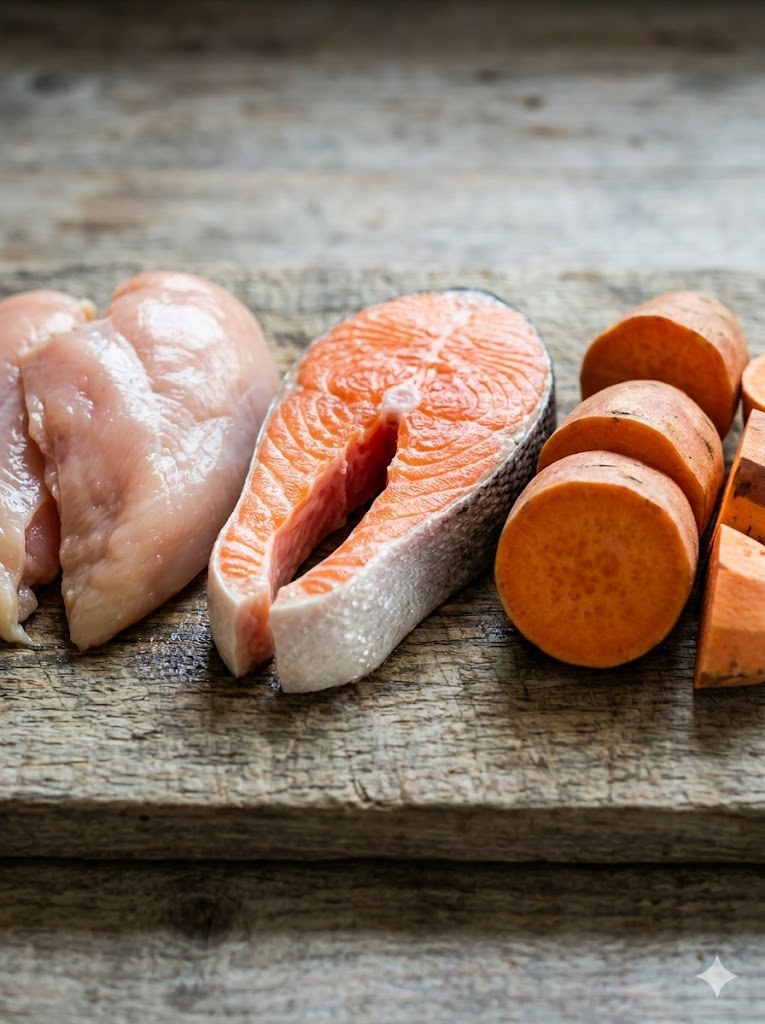 Fresh chicken, salmon, and sweet potato — grain-free ingredients used in GRANDS