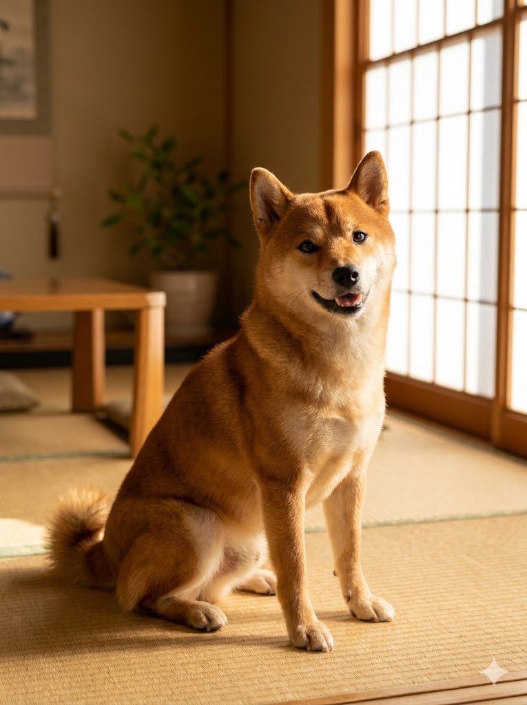 Healthy Shiba Inu with glossy coat sitting calmly on tatami mat in a Japanese room