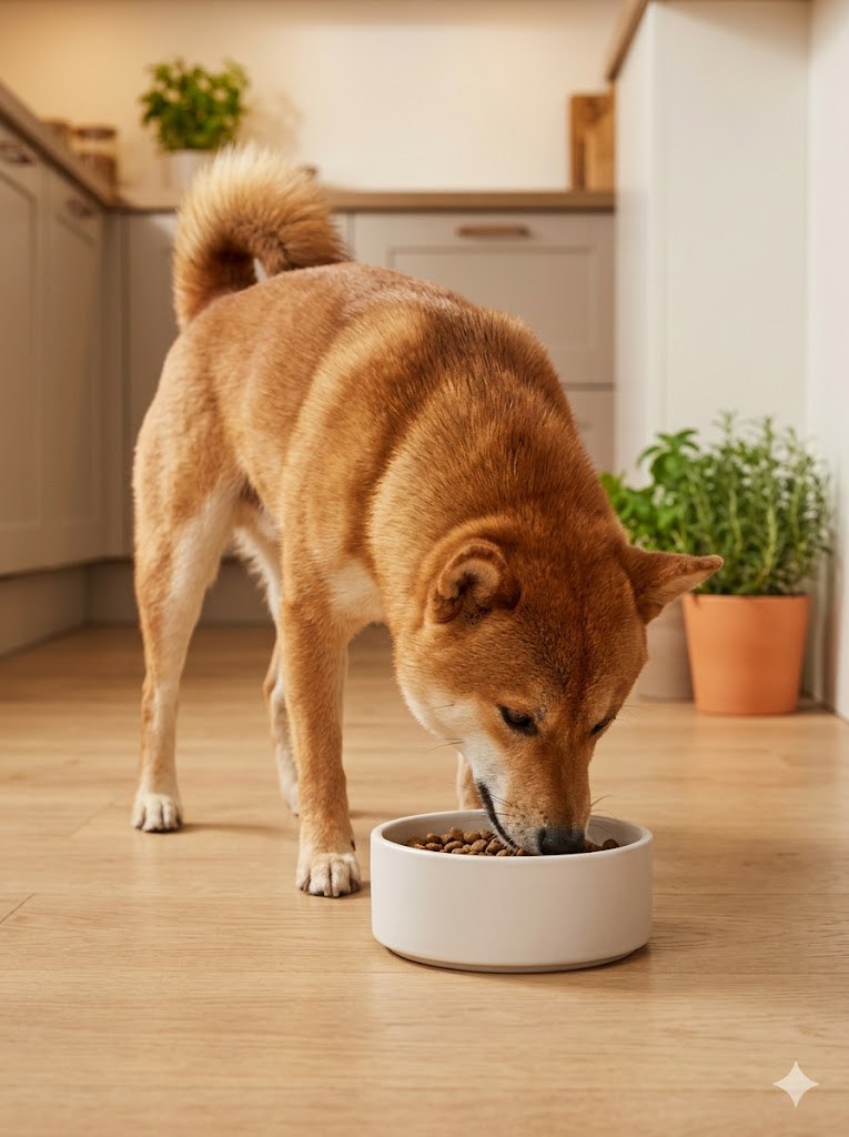 Happy Shiba Inu enthusiastically eating from a bowl, tail up