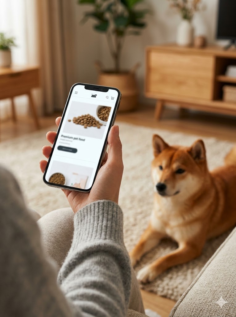 Dog owner browsing pet food website on smartphone with Shiba Inu relaxing nearby